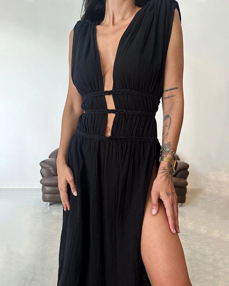 SERA™ Dress | Braided Lace-Up Linen Blend Maxi Dress