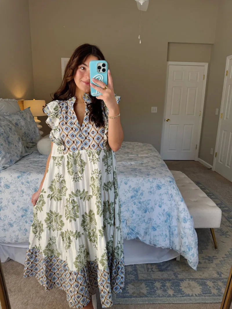 STEPHANIE™ Dress | Printed Ruffle Sleeve Midi Dress