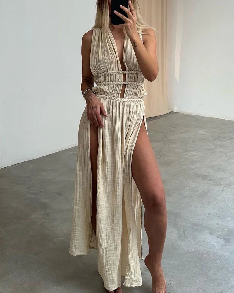 SERA™ Dress | Braided Lace-Up Linen Blend Maxi Dress