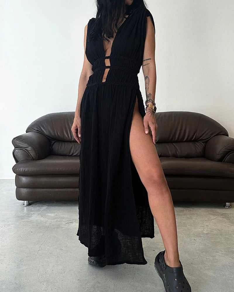SERA™ Dress | Braided Lace-Up Linen Blend Maxi Dress
