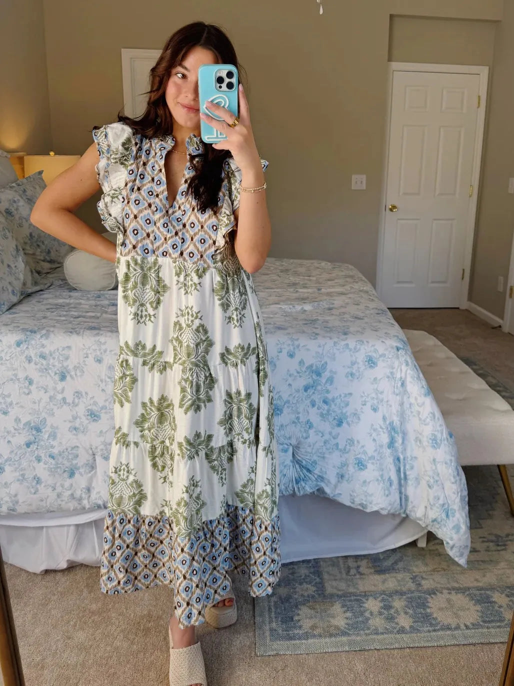 STEPHANIE™ Dress | Printed Ruffle Sleeve Midi Dress