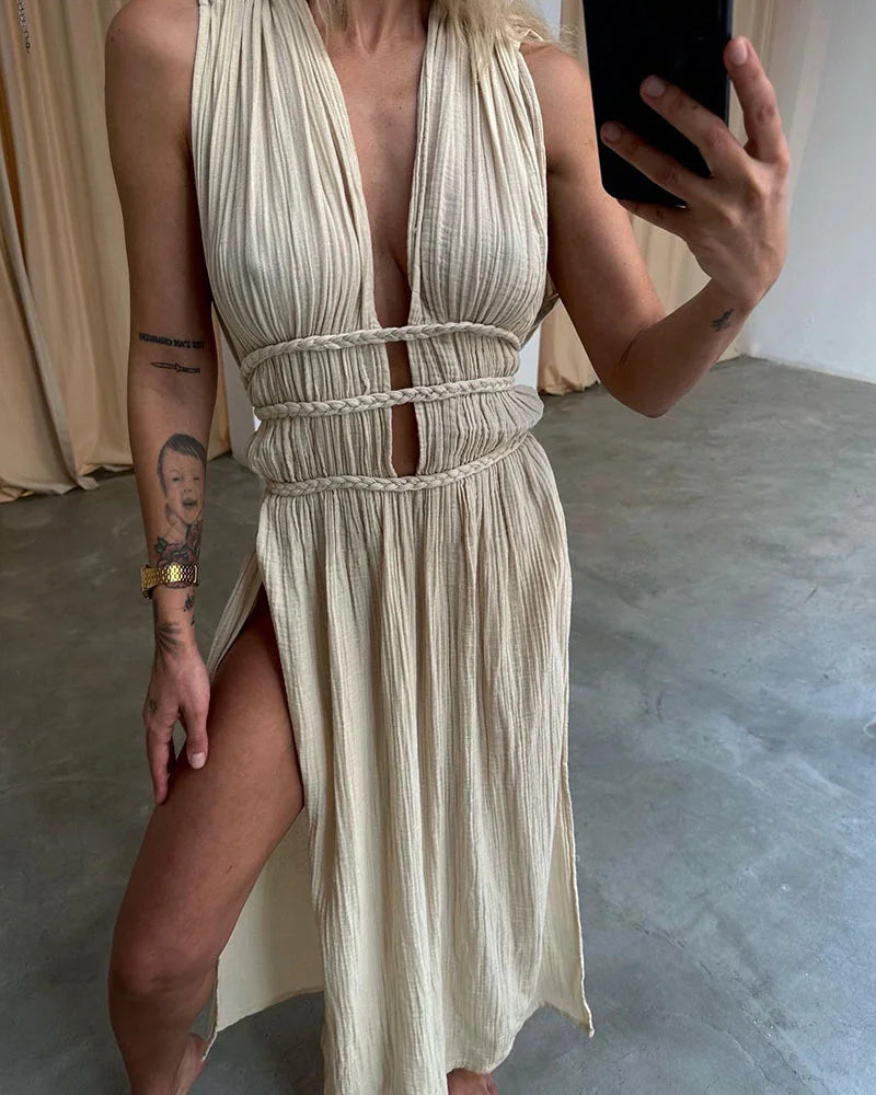 SERA™ Dress | Braided Lace-Up Linen Blend Maxi Dress
