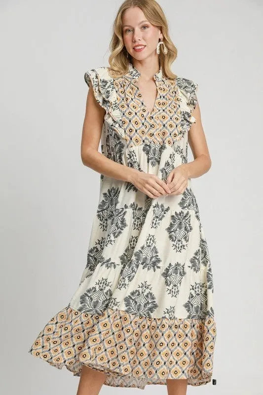 STEPHANIE™ Dress | Printed Ruffle Sleeve Midi Dress