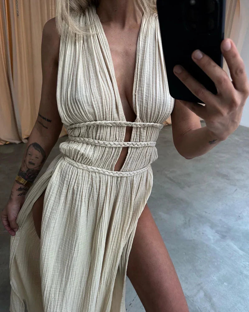 SERA™ Dress | Braided Lace-Up Linen Blend Maxi Dress