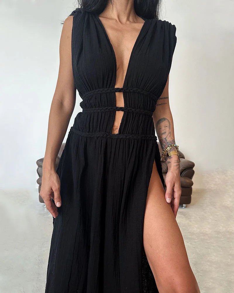 SERA™ Dress | Braided Lace-Up Linen Blend Maxi Dress