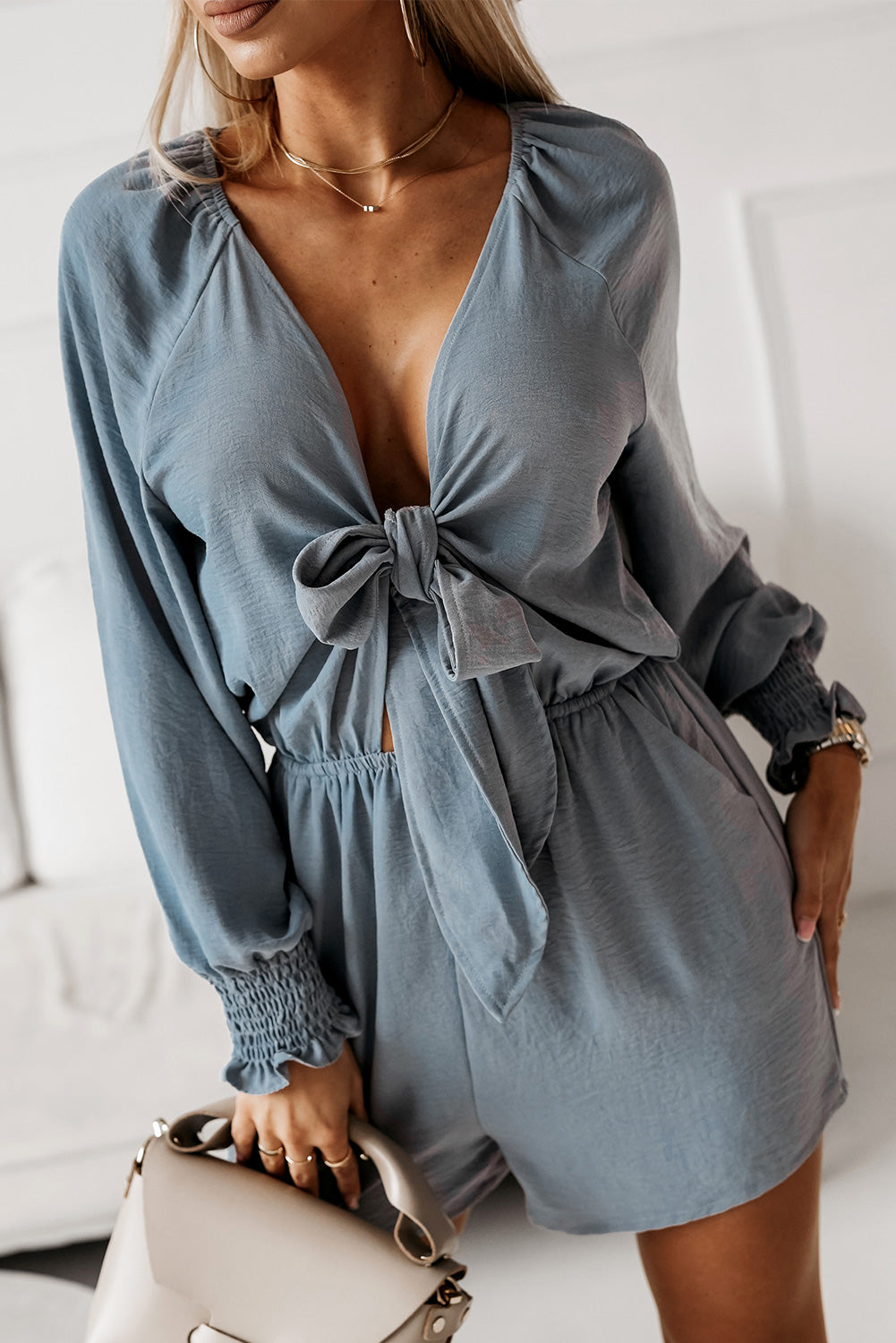 Amy Playsuit | Tied Flounce Sleeve Plunge Romper Playsuit | 50% OFF