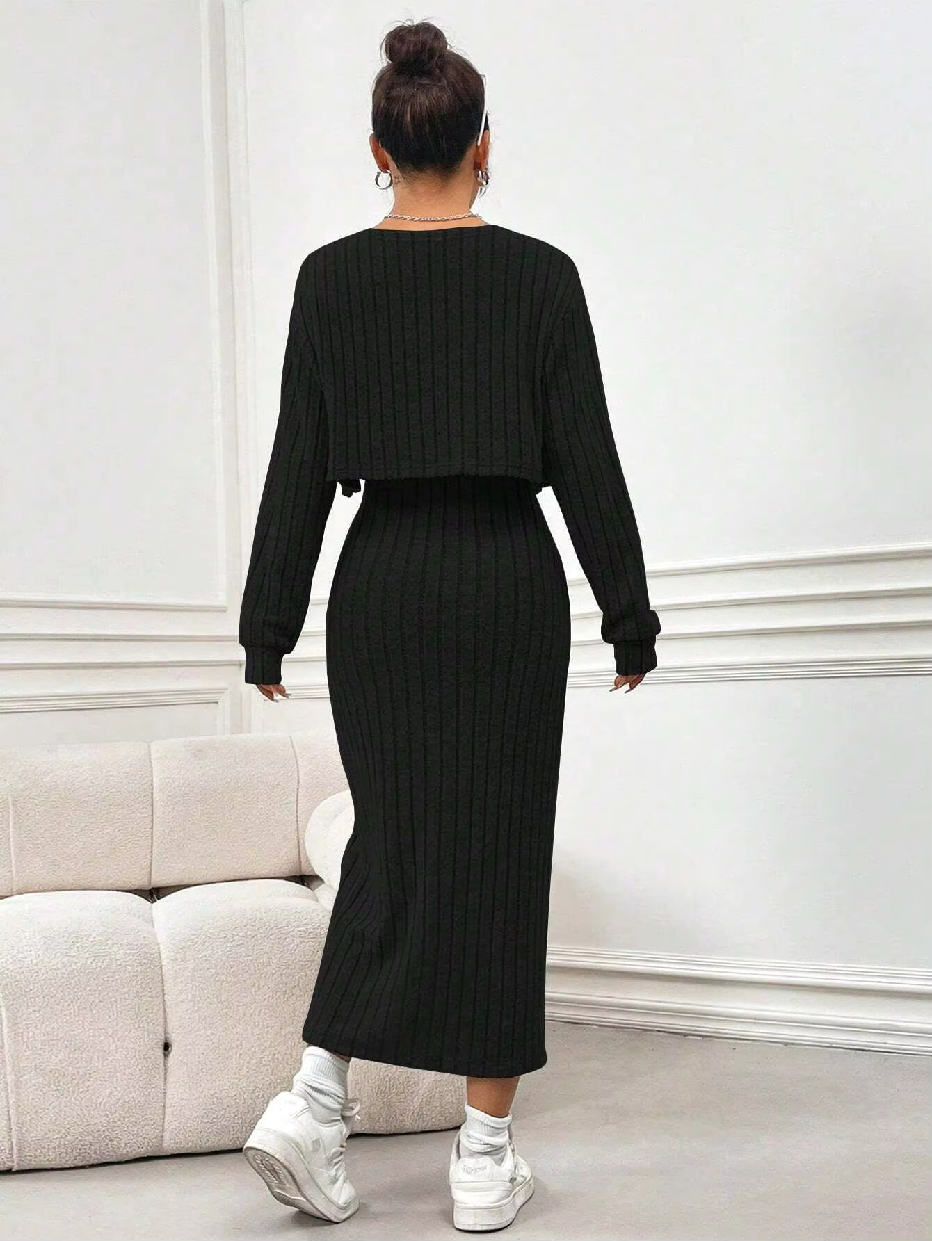 VALESKA™ Dress Set | Knitted Slit Maxi Dress & Cardigan Set