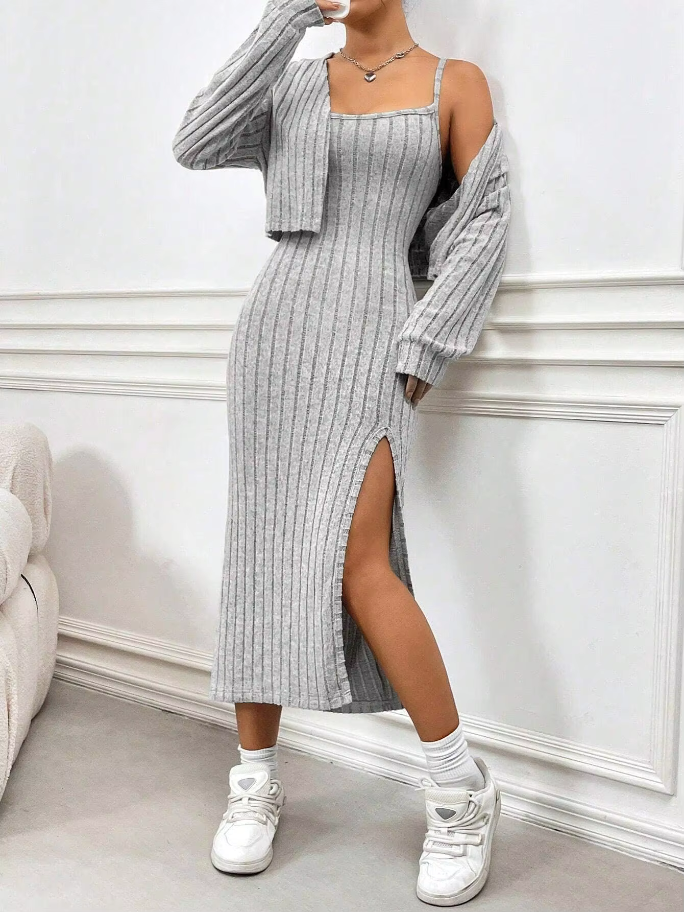 VALESKA™ Dress Set | Knitted Slit Maxi Dress & Cardigan Set
