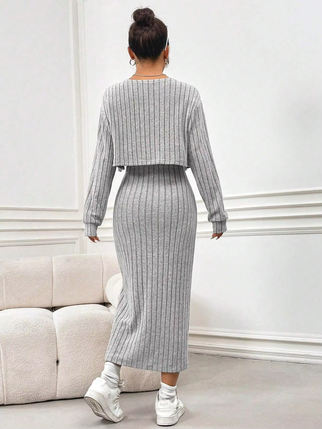 VALESKA™ Dress Set | Knitted Slit Maxi Dress & Cardigan Set