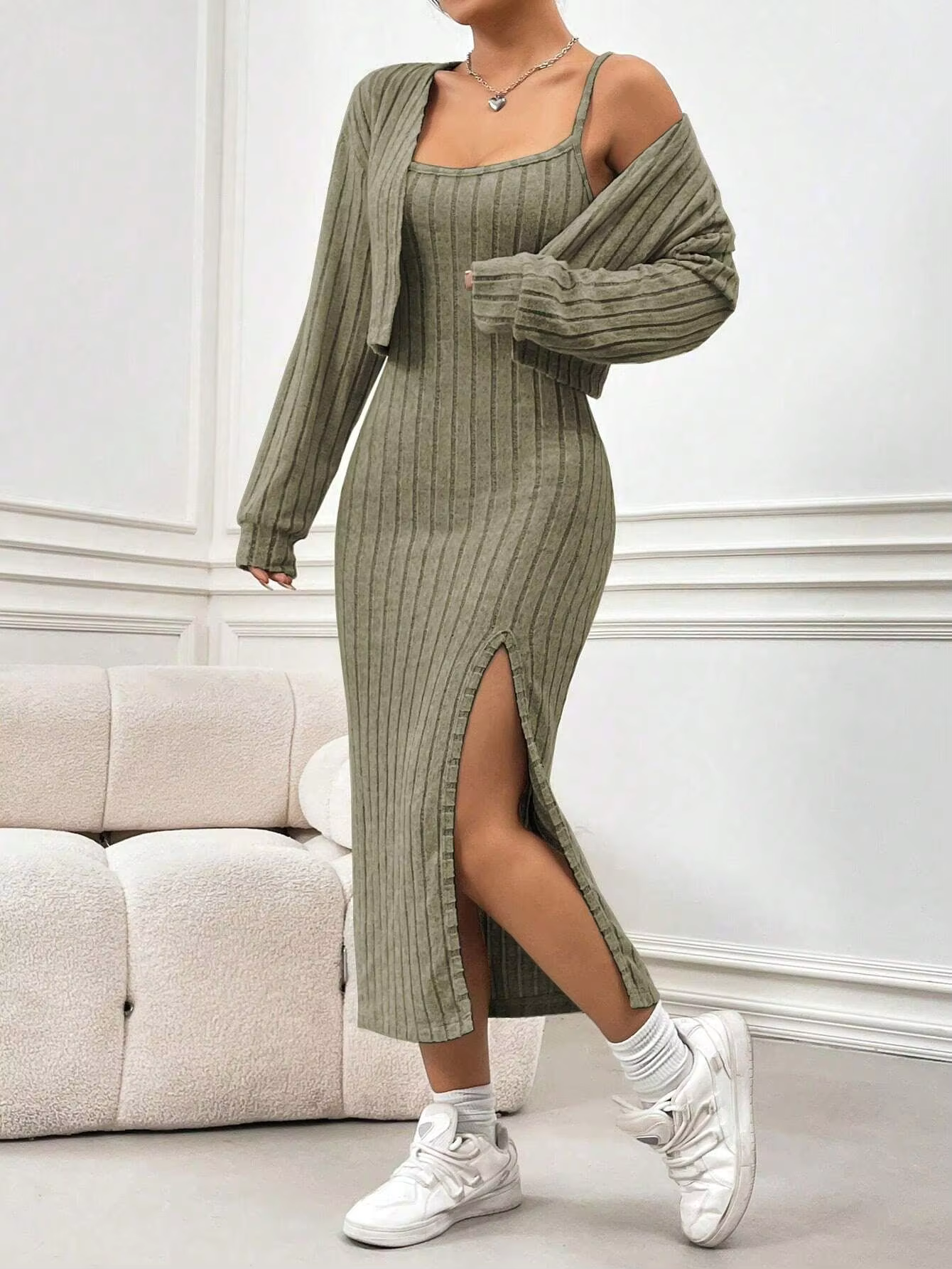 VALESKA™ Dress Set | Knitted Slit Maxi Dress & Cardigan Set