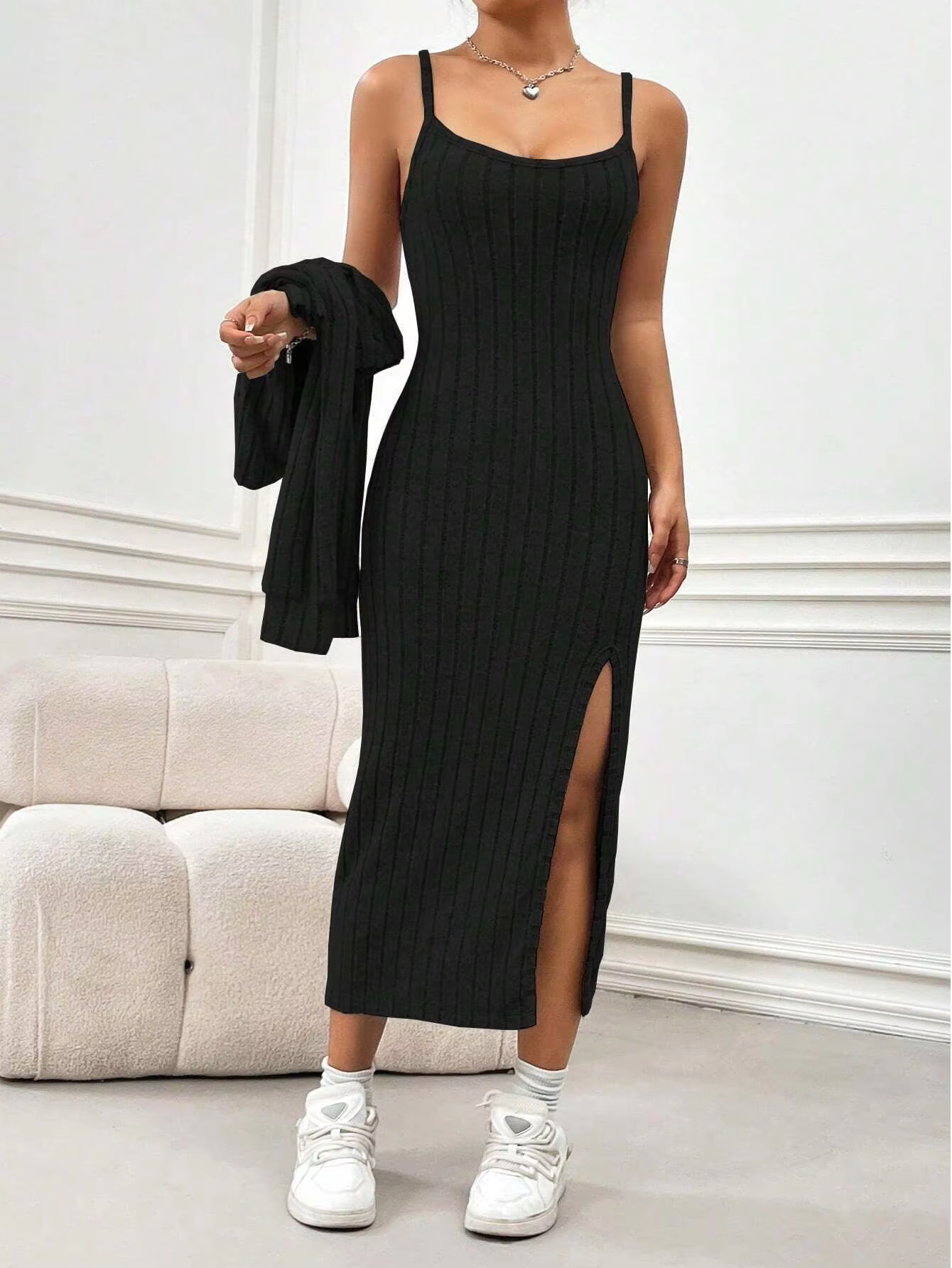 VALESKA™ Dress Set | Knitted Slit Maxi Dress & Cardigan Set