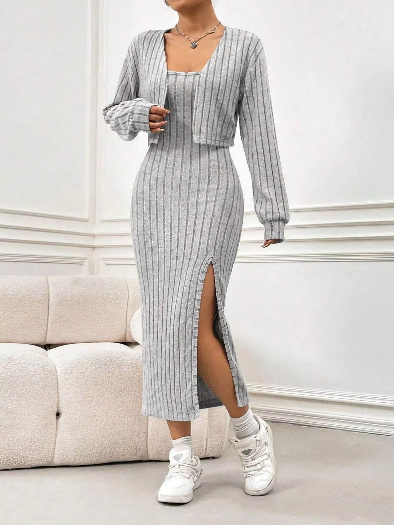 VALESKA™ Dress Set | Knitted Slit Maxi Dress & Cardigan Set