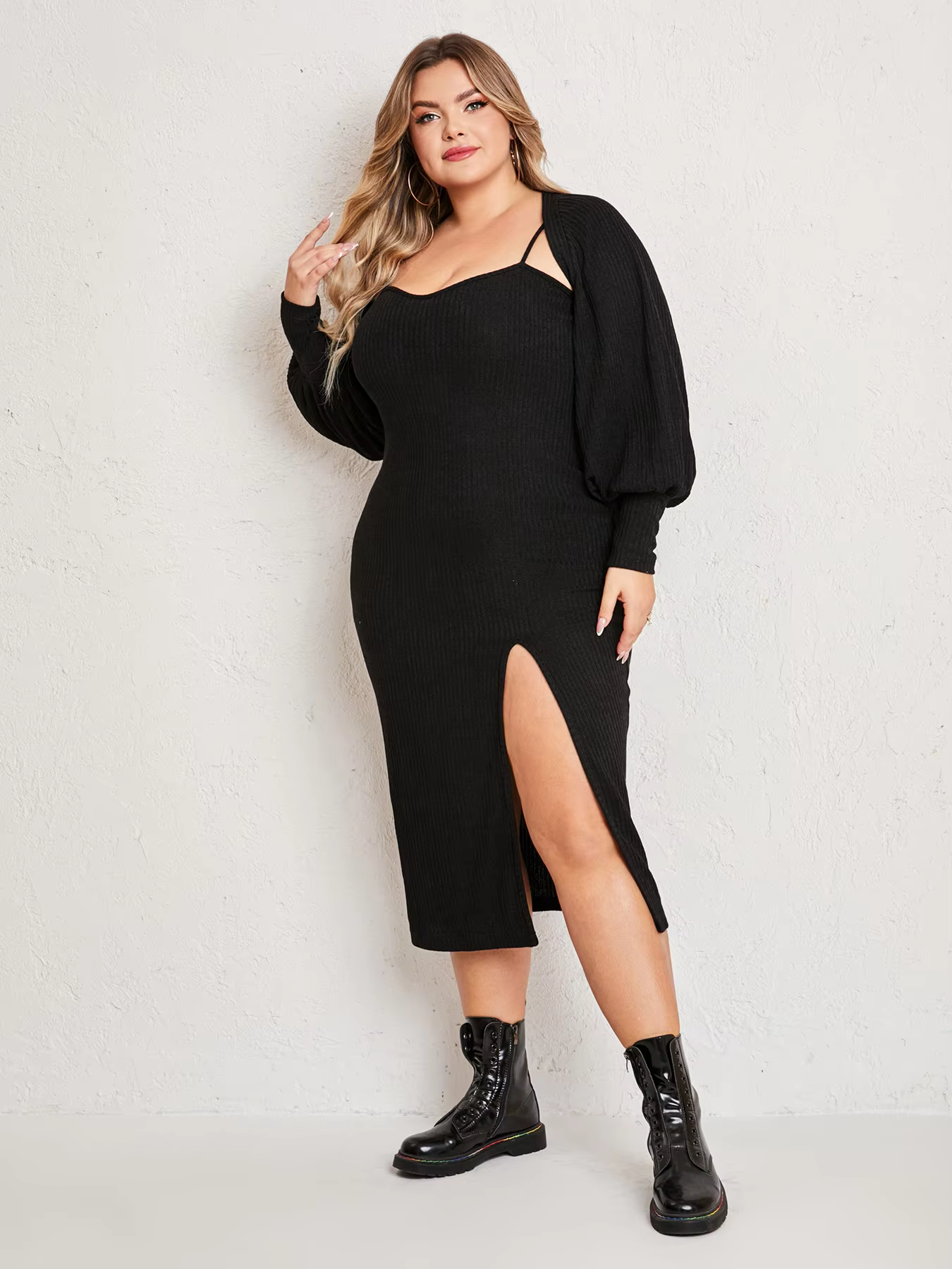 VALESKA™ Dress Set | Knitted Slit Maxi Dress & Cardigan Set
