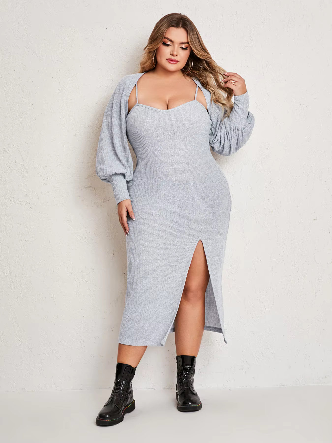 VALESKA™ Dress Set | Knitted Slit Maxi Dress & Cardigan Set