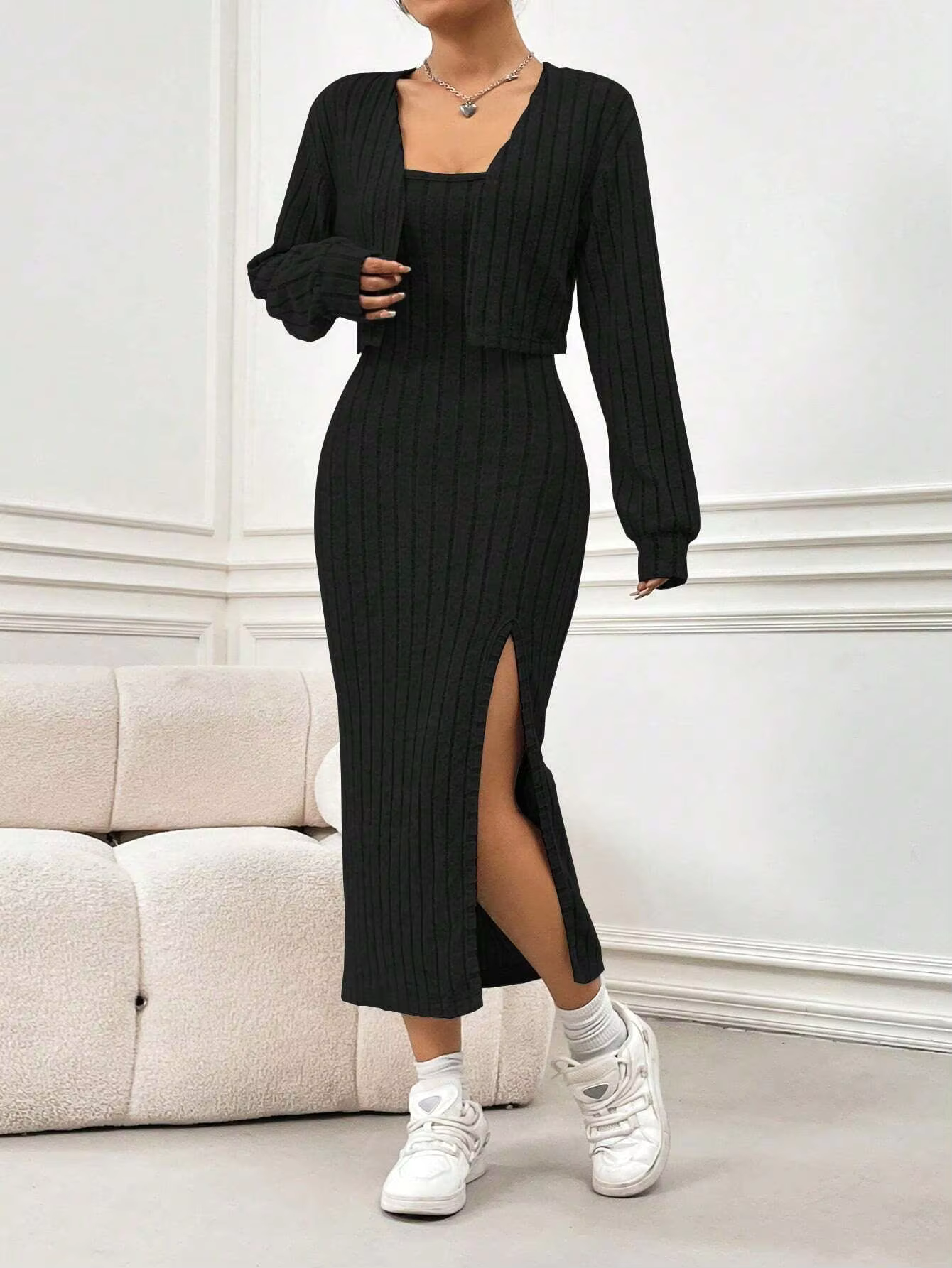 VALESKA™ Dress Set | Knitted Slit Maxi Dress & Cardigan Set