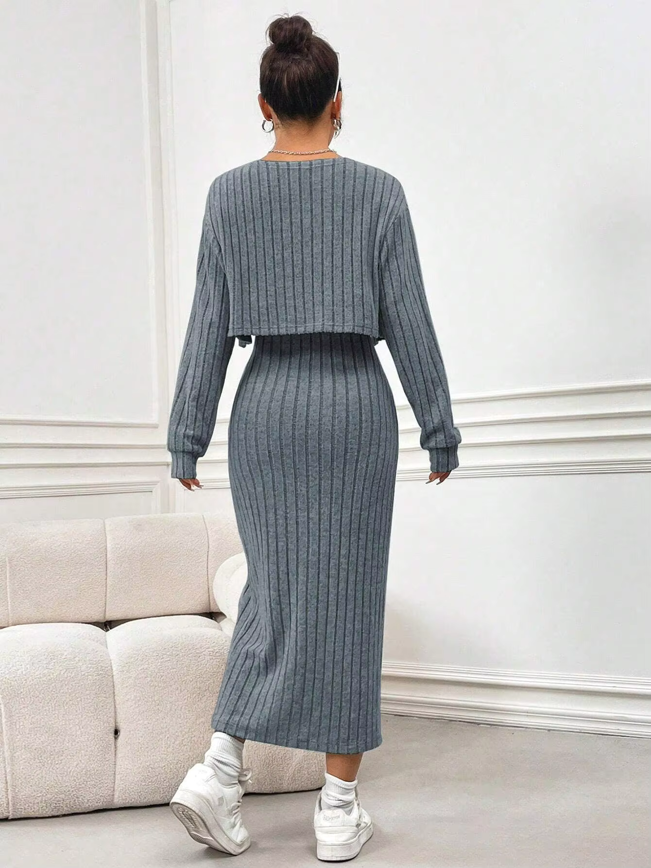 VALESKA™ Dress Set | Knitted Slit Maxi Dress & Cardigan Set